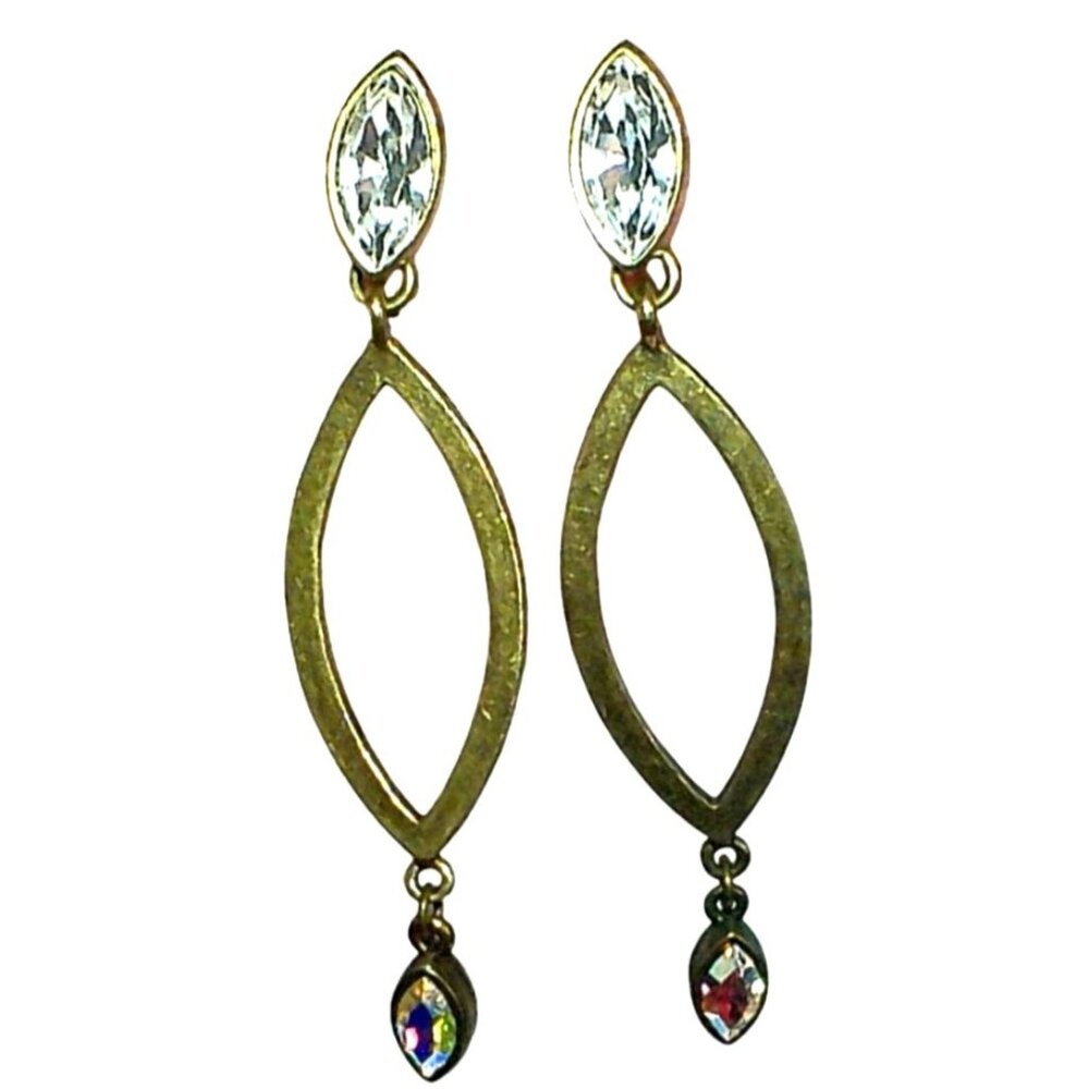 Avant Garde Paris Brass Leaf Dangle Earrings Aurora Borealis & Clear Crystals